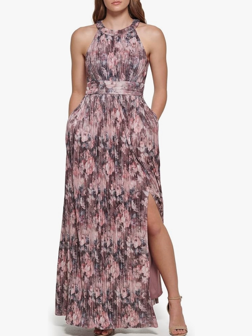 NWT Eliza J Metallic Pleated Halter Maxi Dress in Pink Gown Wedding Formal - Picture 3 of 12